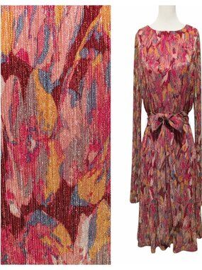 Dress The Population Women Sz M Kirsi Bright Fuchsia Metallic Tie L/S Mini Dress